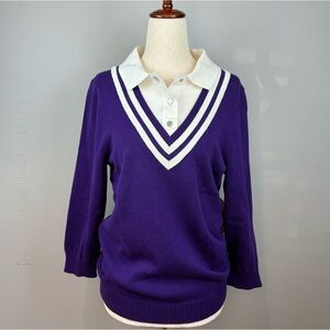 Lauren Ralph Lauren Active Golf V Neck Sweater Size L Purple White Preppy NWT